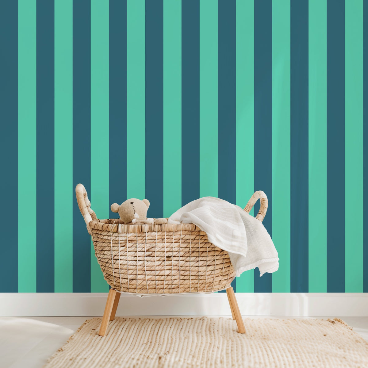 Teal & Navy – Classic Stripe Wallpaper styled in a kids' room and nursery