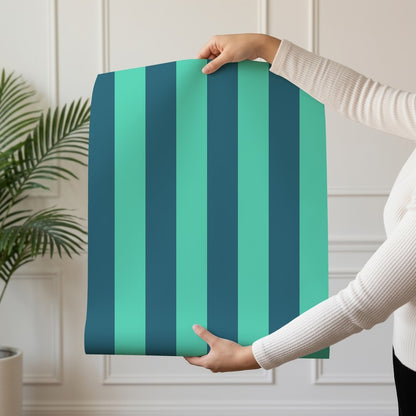 Classic Stripe Wallpaper roll in Teal & Navy – bold stripes on a navy ground