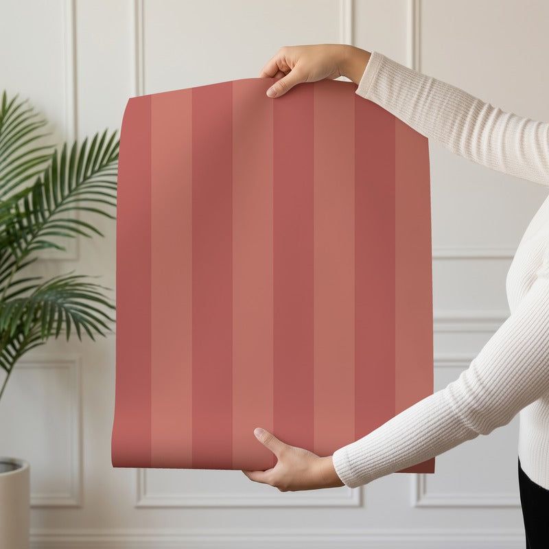 Classic Stripe Wallpaper roll in Terracotta & Baked Clay – bold stripes on a baked clay ground