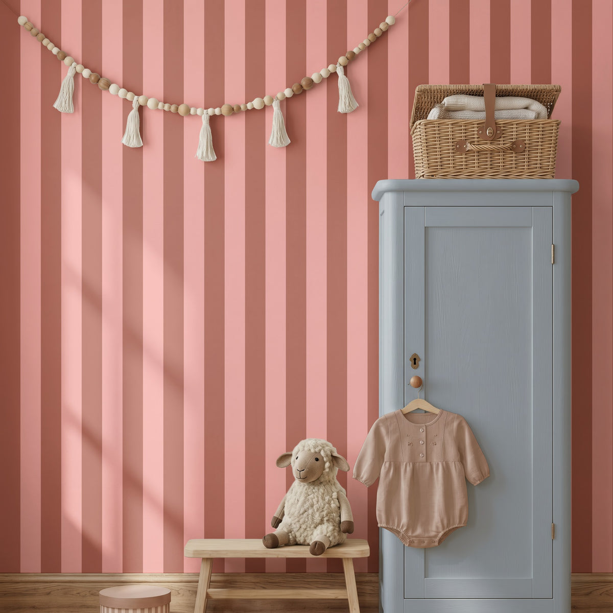 Terracotta & Peach – Classic Stripe Wallpaper styled in a kids' room and nursery