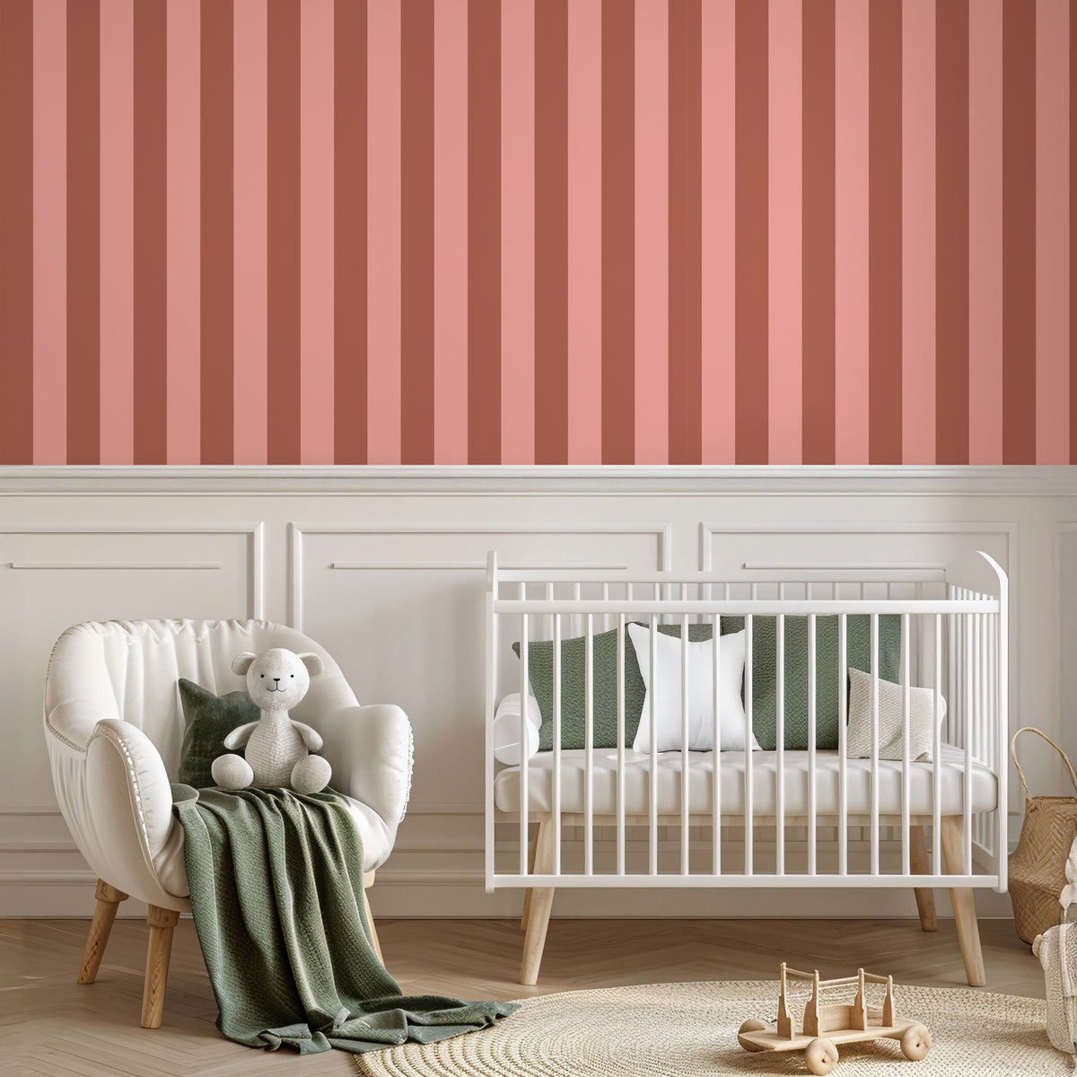 Terracotta & Peach – Classic Stripe Wallpaper styled in a kids' room and nursery