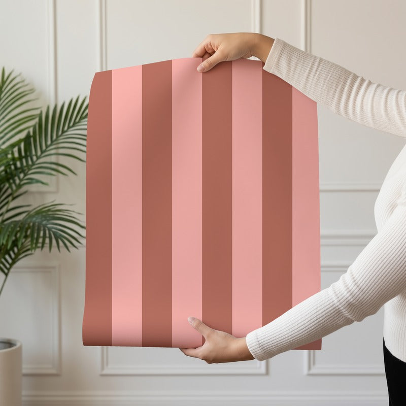 Classic Stripe Wallpaper roll in Terracotta & Peach – bold stripes on a peach ground