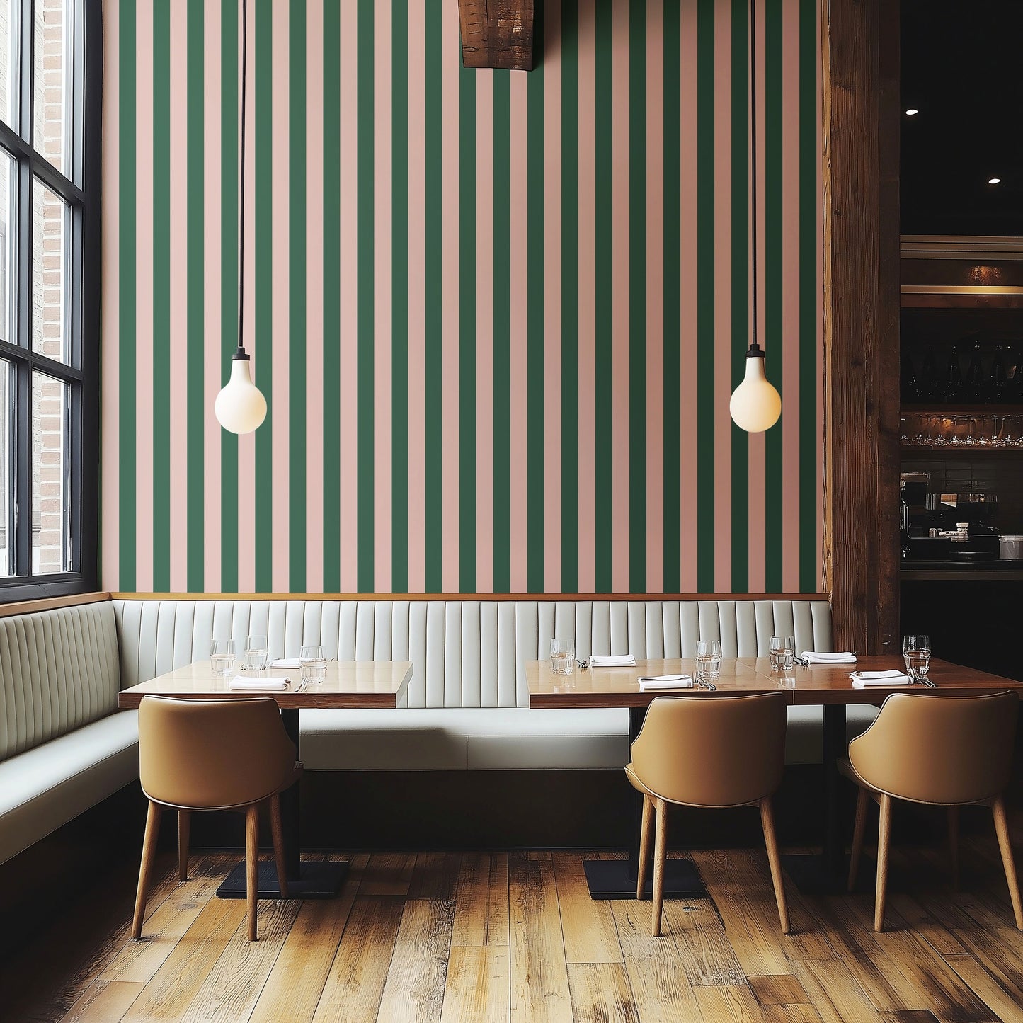 Classic Stripe Wallpaper – Warm Blush & Forest Green styled in a boutique hotel and hospitality space