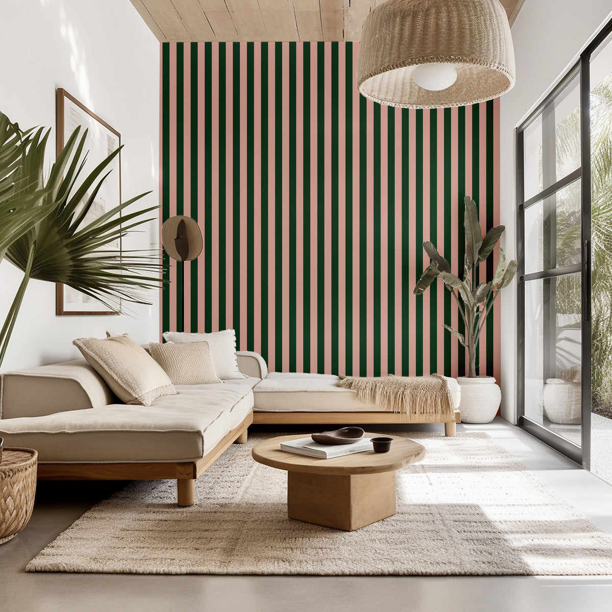 Classic Stripe Wallpaper – Warm Blush & Forest Green styled in a living room