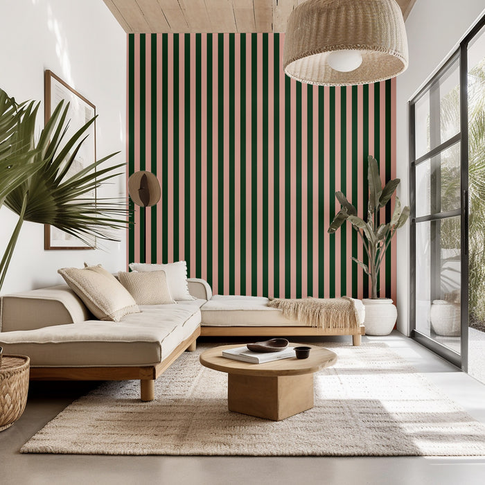 Classic Stripe Wallpaper – Warm Blush & Forest Green
