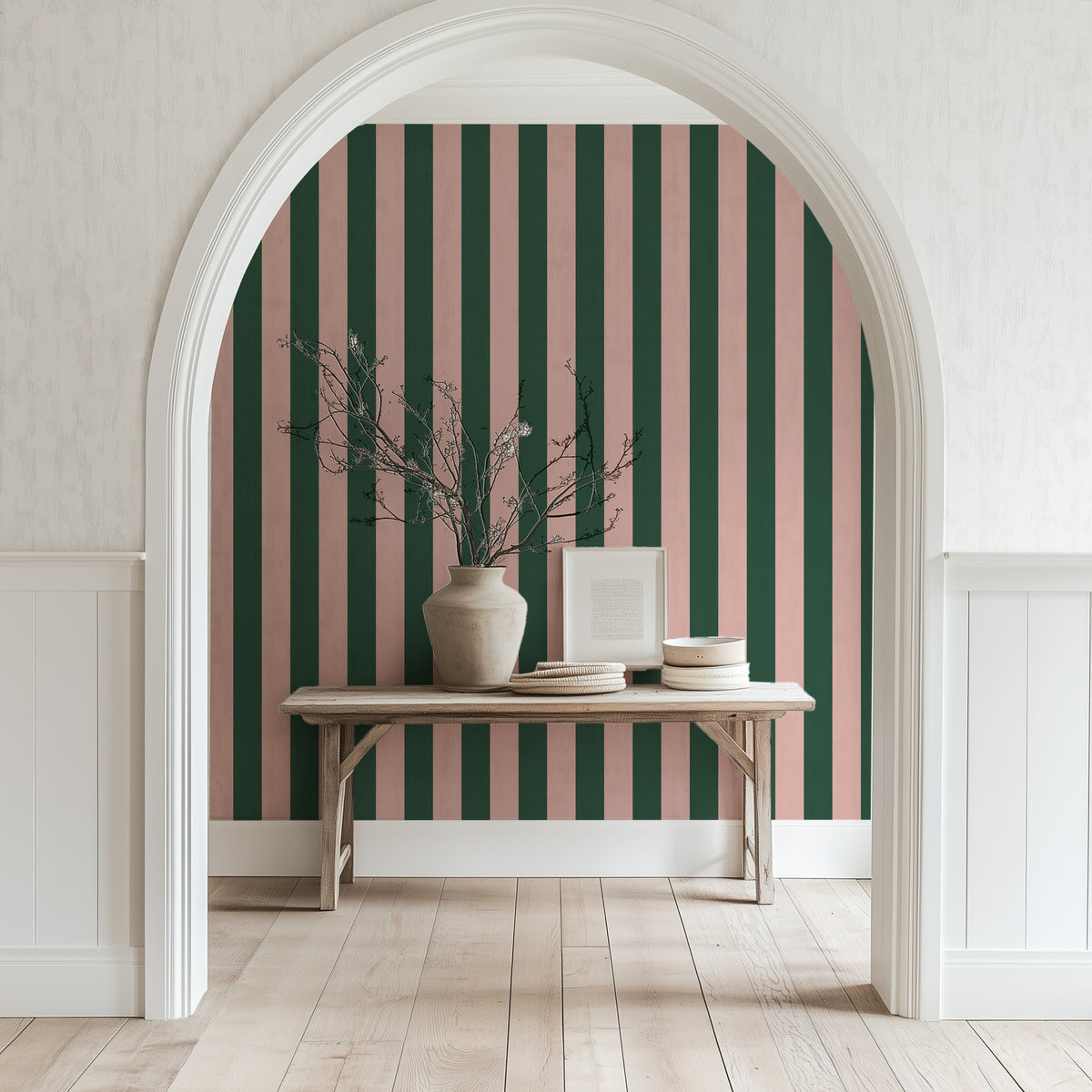 Classic Stripe Wallpaper – Warm Blush & Forest Green styled in a hallway and home office