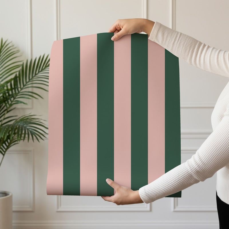 Classic Stripe Wallpaper roll in Warm Blush & Forest Green – bold stripes on a forest green ground