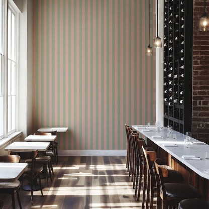 Classic Stripe Wallpaper – Warm Blush & Soft Sage styled in a boutique hotel and hospitality space