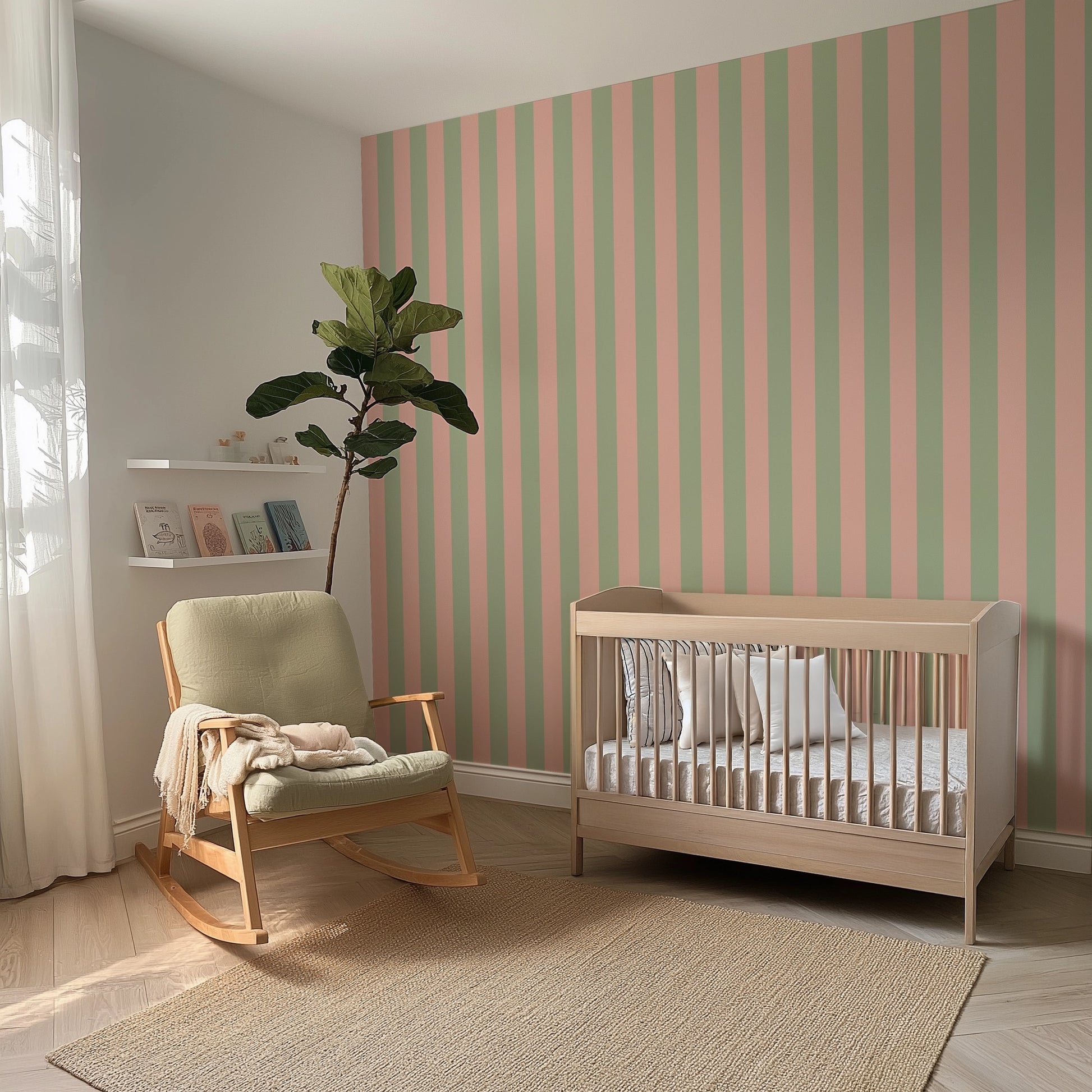 Classic Stripe Wallpaper – Warm Blush & Soft Sage styled in a kids' room and nursery