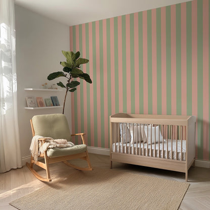 Classic Stripe Wallpaper – Warm Blush & Soft Sage styled in a kids' room and nursery