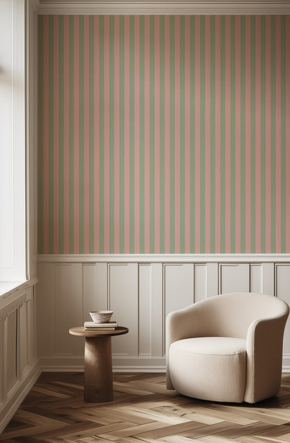Classic Stripe Wallpaper – Warm Blush & Soft Sage styled in a hallway and home office