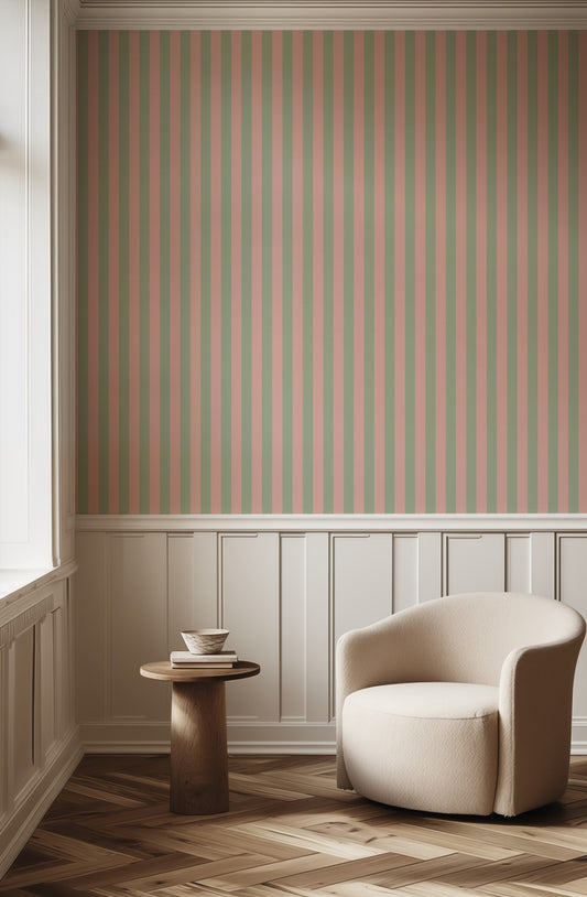 Classic Stripe Wallpaper – Warm Blush & Soft Sage styled in a hallway and home office