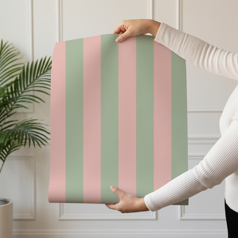 Classic Stripe Wallpaper roll in Warm Blush & Soft Sage – bold stripes on a soft sage ground