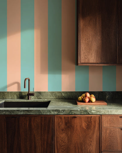 Extra-Wide Stripe Wallpaper – Aqua & Peach styled in a bright kitchen and dining space