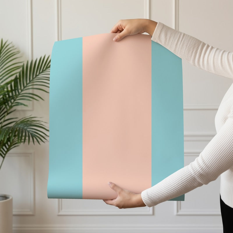 Extra-Wide Stripe Wallpaper roll in Aqua & Peach – aqua stripe on a warm peach ground