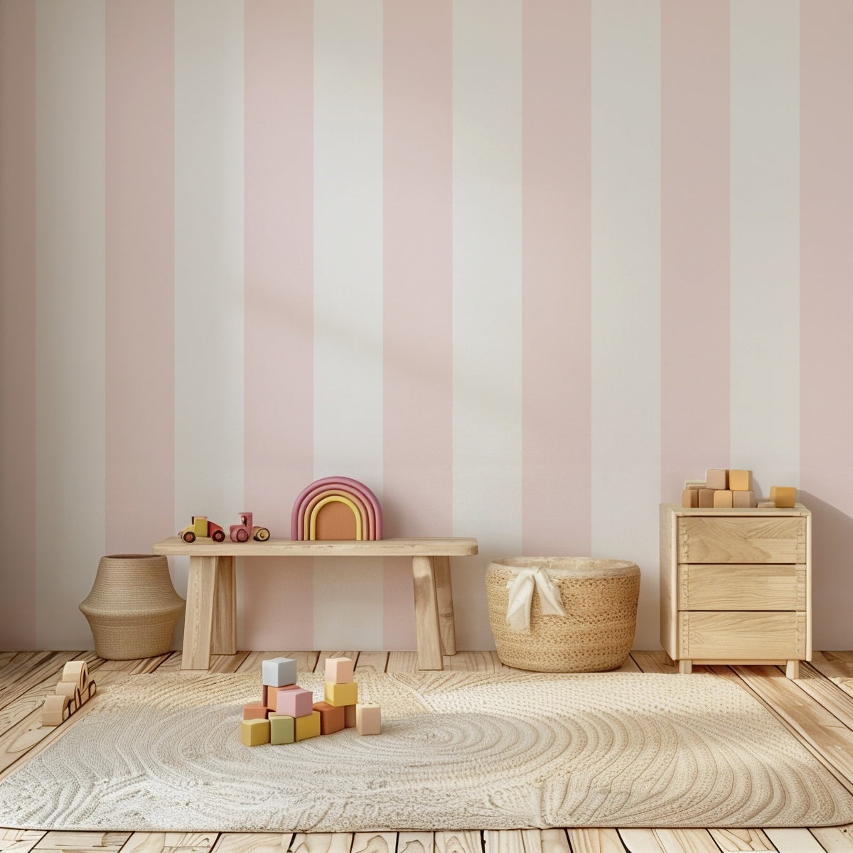 Extra-Wide Stripe Wallpaper – Cloud & Blossom styled in a pretty nursery and kids' room