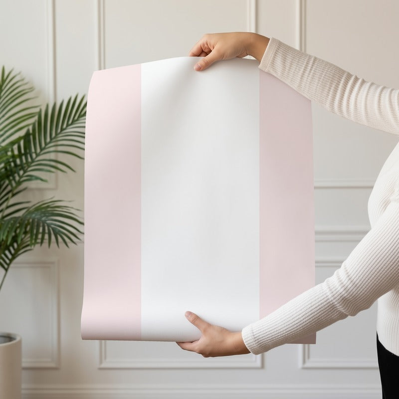 Extra-Wide Stripe Wallpaper roll in Cloud & Blossom – soft cloud-white stripe on a blossom-pink ground