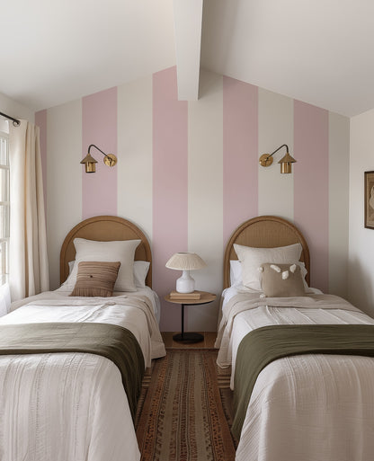 Extra-Wide Stripe Wallpaper – Cloud & Blush styled in a soft nursery and kids' room