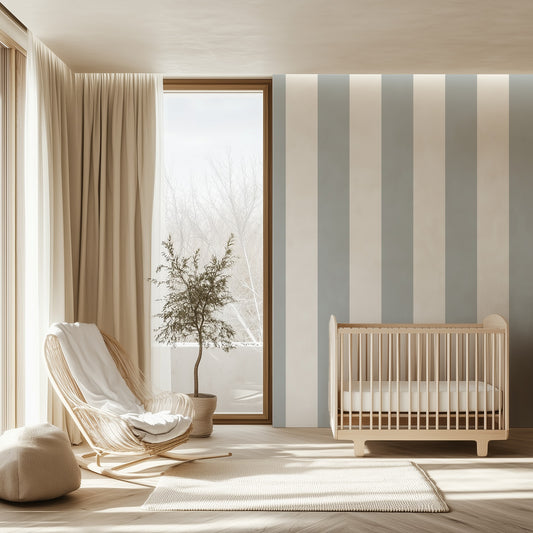 Extra-Wide Stripe Wallpaper – Cloud & Dove styled in a calm nursery and kids' room