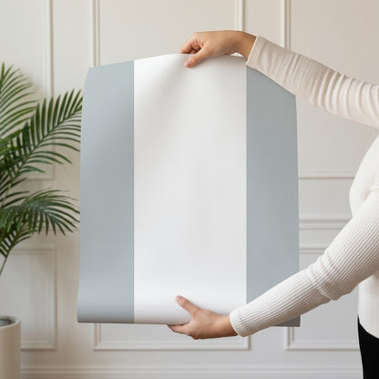 Extra-Wide Stripe Wallpaper roll in Cloud & Dove – soft cloud-white stripe on a muted dove-gray ground