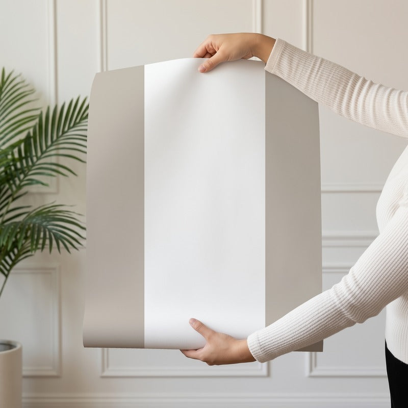 Extra-Wide Stripe Wallpaper roll in Cloud & Greige – soft cloud-white stripe on a warm greige ground