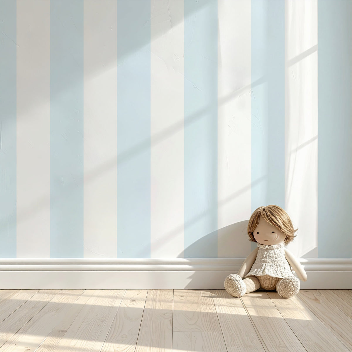 Extra-Wide Stripe Wallpaper – Cloud & Ice styled in a fresh nursery and kids' room