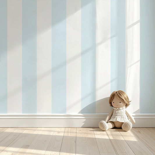 Extra-Wide Stripe Wallpaper – Cloud & Ice styled in a fresh nursery and kids' room