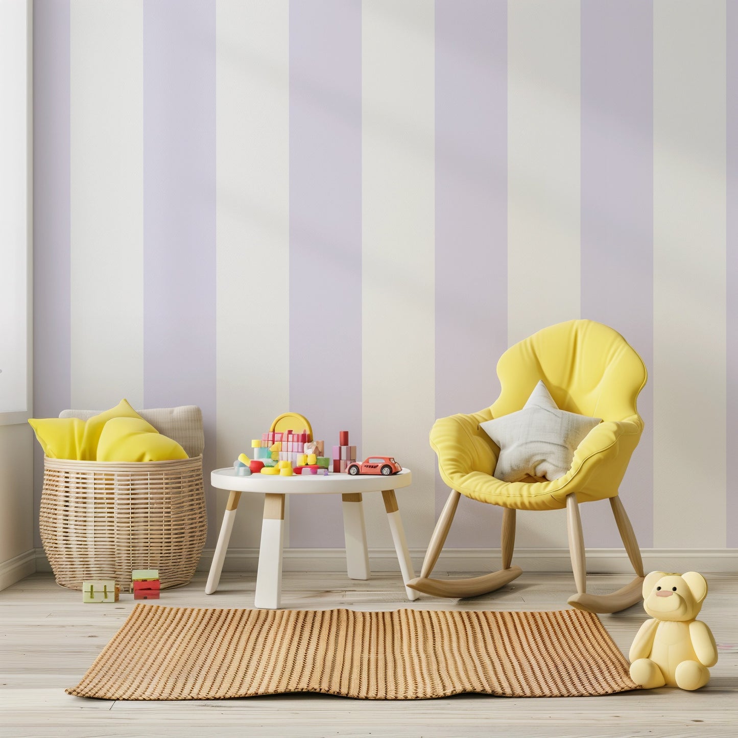 Extra-Wide Stripe Wallpaper – Cloud & Lilac styled in a whimsical nursery and kids' room