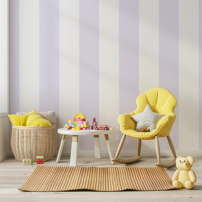 Extra-Wide Stripe Wallpaper – Cloud & Lilac styled in a whimsical nursery and kids' room