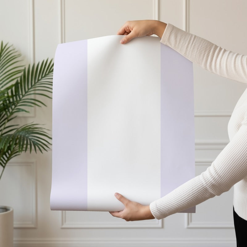 Extra-Wide Stripe Wallpaper roll in Cloud & Lilac – soft cloud-white stripe on a gentle lilac ground