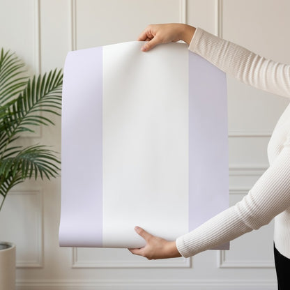 Extra-Wide Stripe Wallpaper roll in Cloud & Lilac – soft cloud-white stripe on a gentle lilac ground