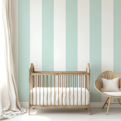 Extra-Wide Stripe Wallpaper – Cloud & Mint styled in a cheerful nursery and kids' room