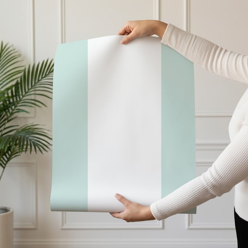 Extra-Wide Stripe Wallpaper roll in Cloud & Mint – soft cloud-white stripe on a fresh mint ground