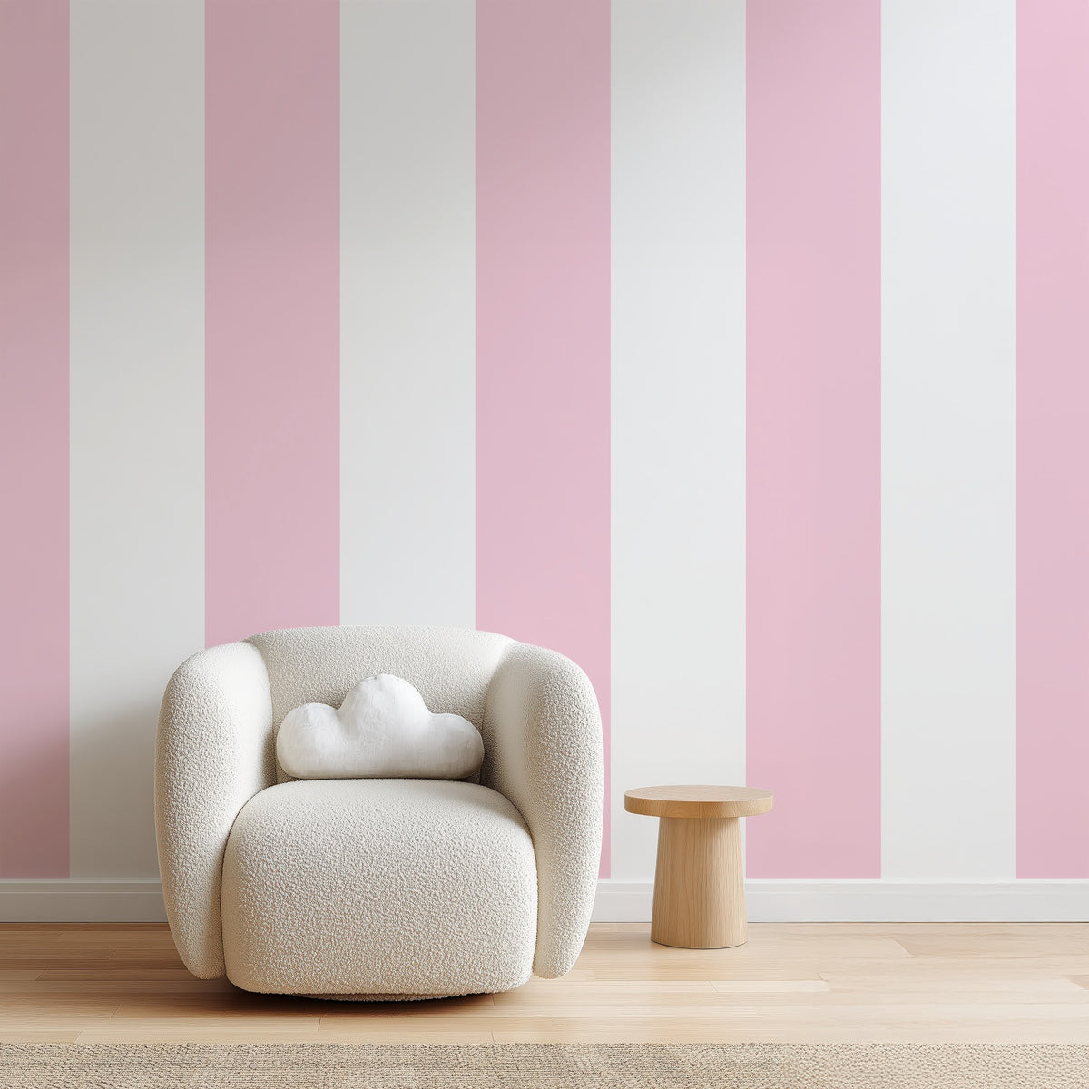Extra-Wide Stripe Wallpaper – Cloud & Pink styled in a light home office and hallway
