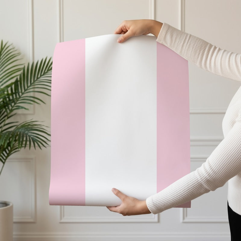 Extra-Wide Stripe Wallpaper roll in Cloud & Pink – soft cloud-white stripe on a delicate pink ground