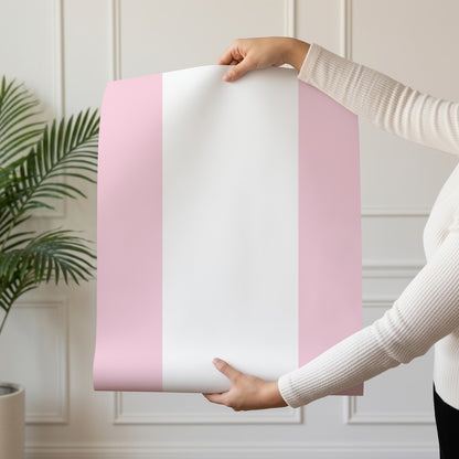Extra-Wide Stripe Wallpaper roll in Cloud & Pink – soft cloud-white stripe on a delicate pink ground