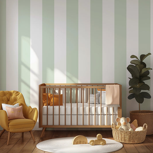 Extra-Wide Stripe Wallpaper – Cloud & Sage styled in a natural nursery and kids' room