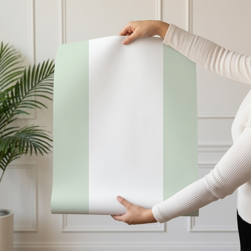 Extra-Wide Stripe Wallpaper roll in Cloud & Sage – soft cloud-white stripe on a calm sage ground