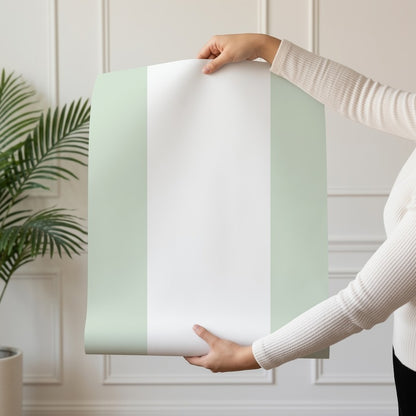 Extra-Wide Stripe Wallpaper roll in Cloud & Sage – soft cloud-white stripe on a calm sage ground