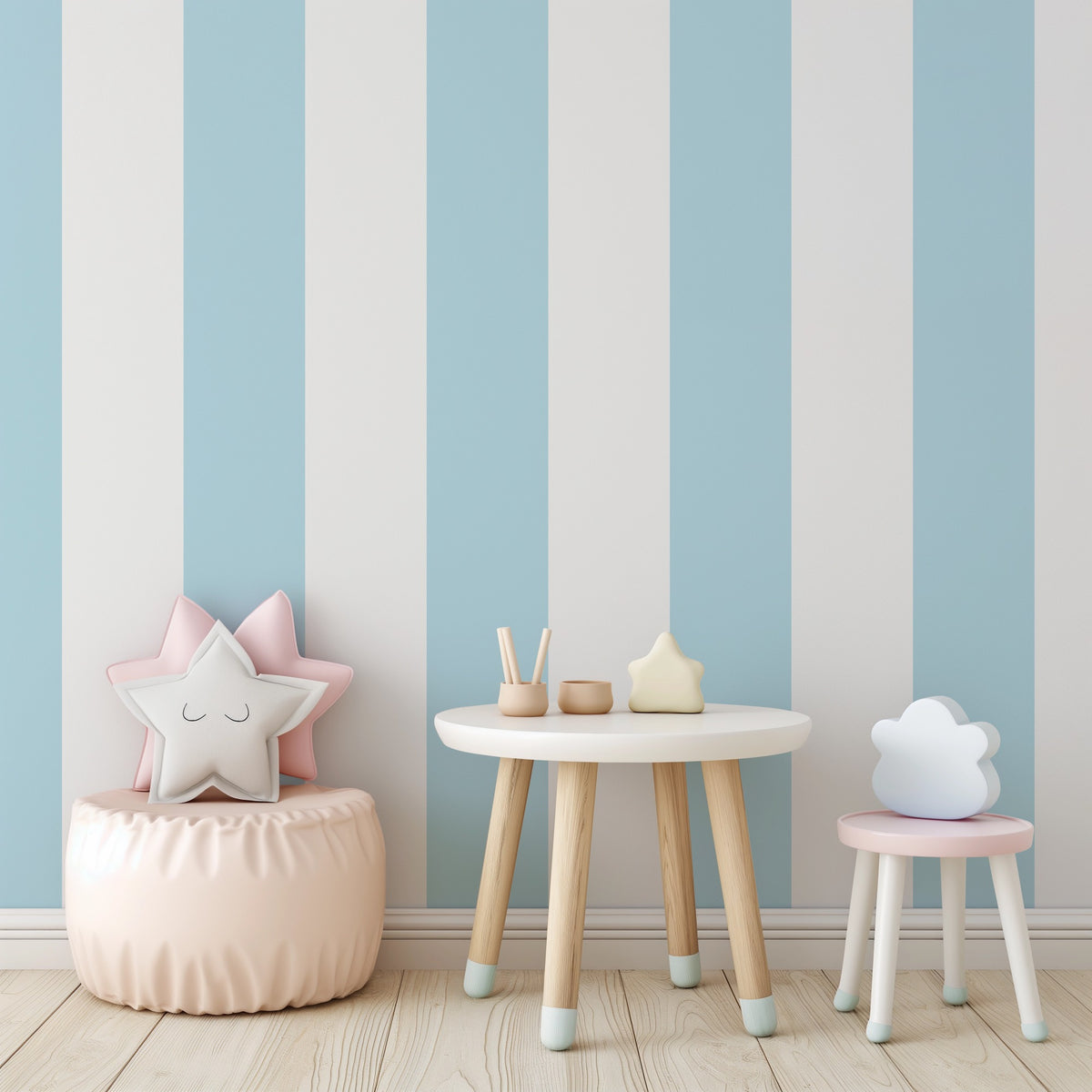 Extra-Wide Stripe Wallpaper – Cloud & Sky styled in a fresh nursery and kids' room