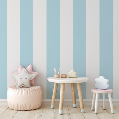 Extra-Wide Stripe Wallpaper – Cloud & Sky styled in a fresh nursery and kids' room