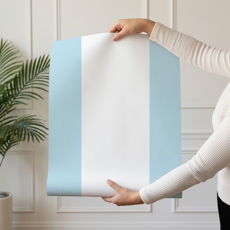 Extra-Wide Stripe Wallpaper roll in Cloud & Sky – soft cloud-white stripe on a sky-blue ground