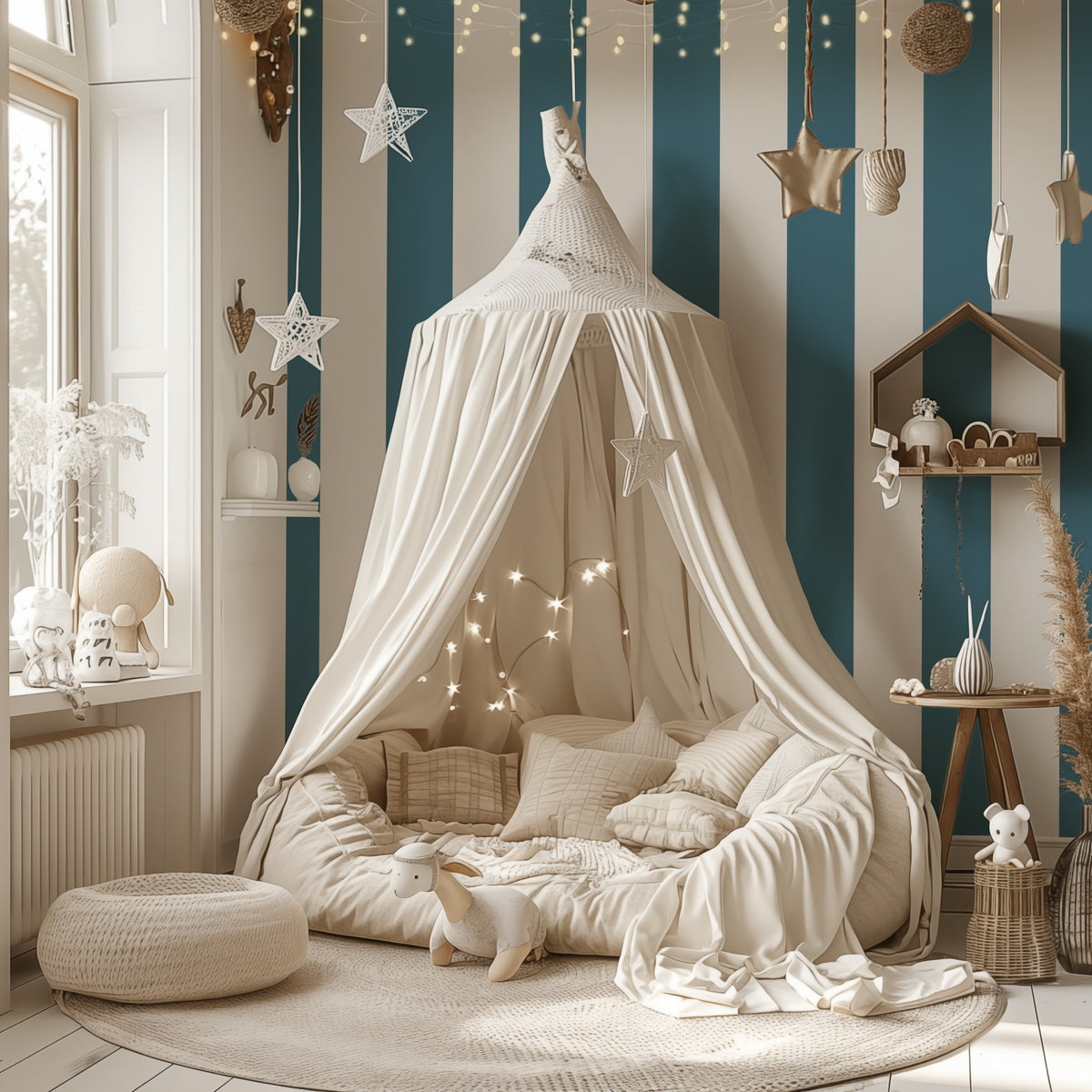Extra-Wide Stripe Wallpaper – Cloud & Steel Blue styled in a crisp nursery and kids' room
