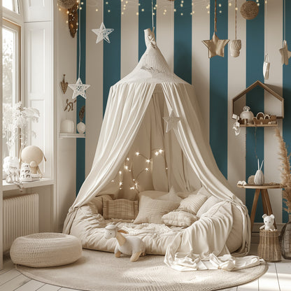 Extra-Wide Stripe Wallpaper – Cloud & Steel Blue styled in a crisp nursery and kids' room