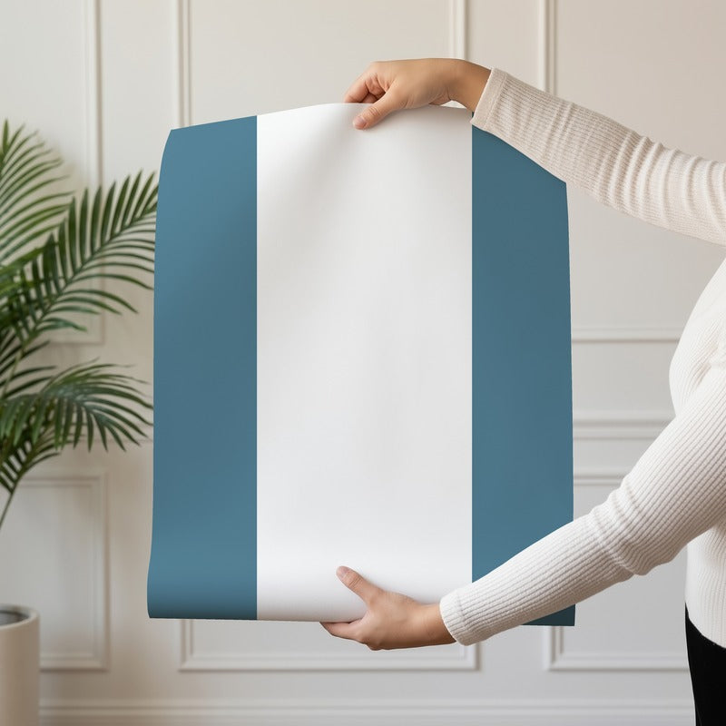 Extra-Wide Stripe Wallpaper roll in Cloud & Steel Blue – soft cloud-white stripe on a steel-blue ground