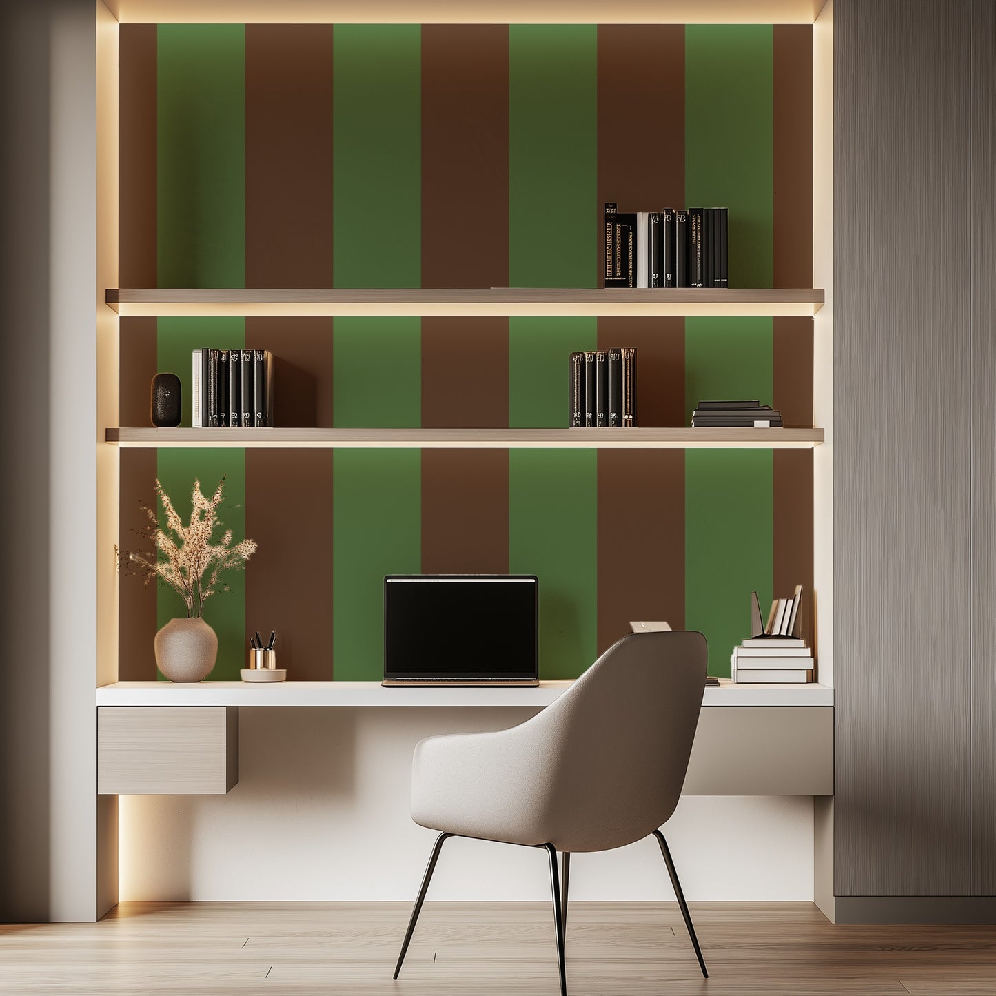 Extra-Wide Stripe Wallpaper – Cocoa & Olive styled in an earthy home office and hallway