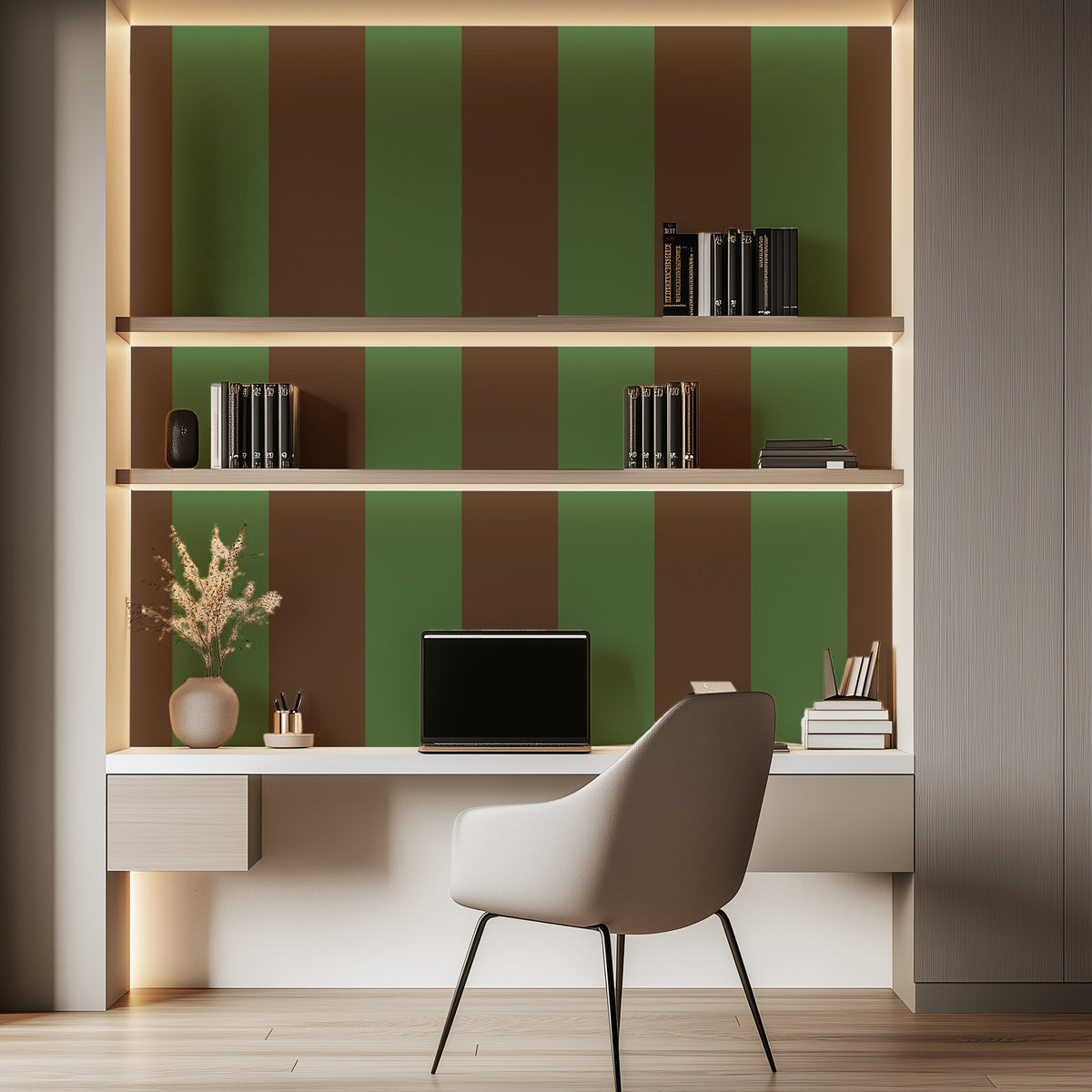 Extra-Wide Stripe Wallpaper – Cocoa & Olive styled in an earthy home office and hallway