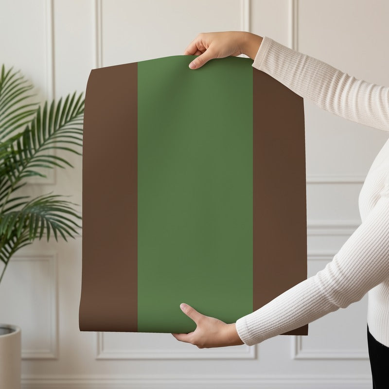 Extra-Wide Stripe Wallpaper roll in Cocoa & Olive – cocoa-brown stripe on a muted olive ground