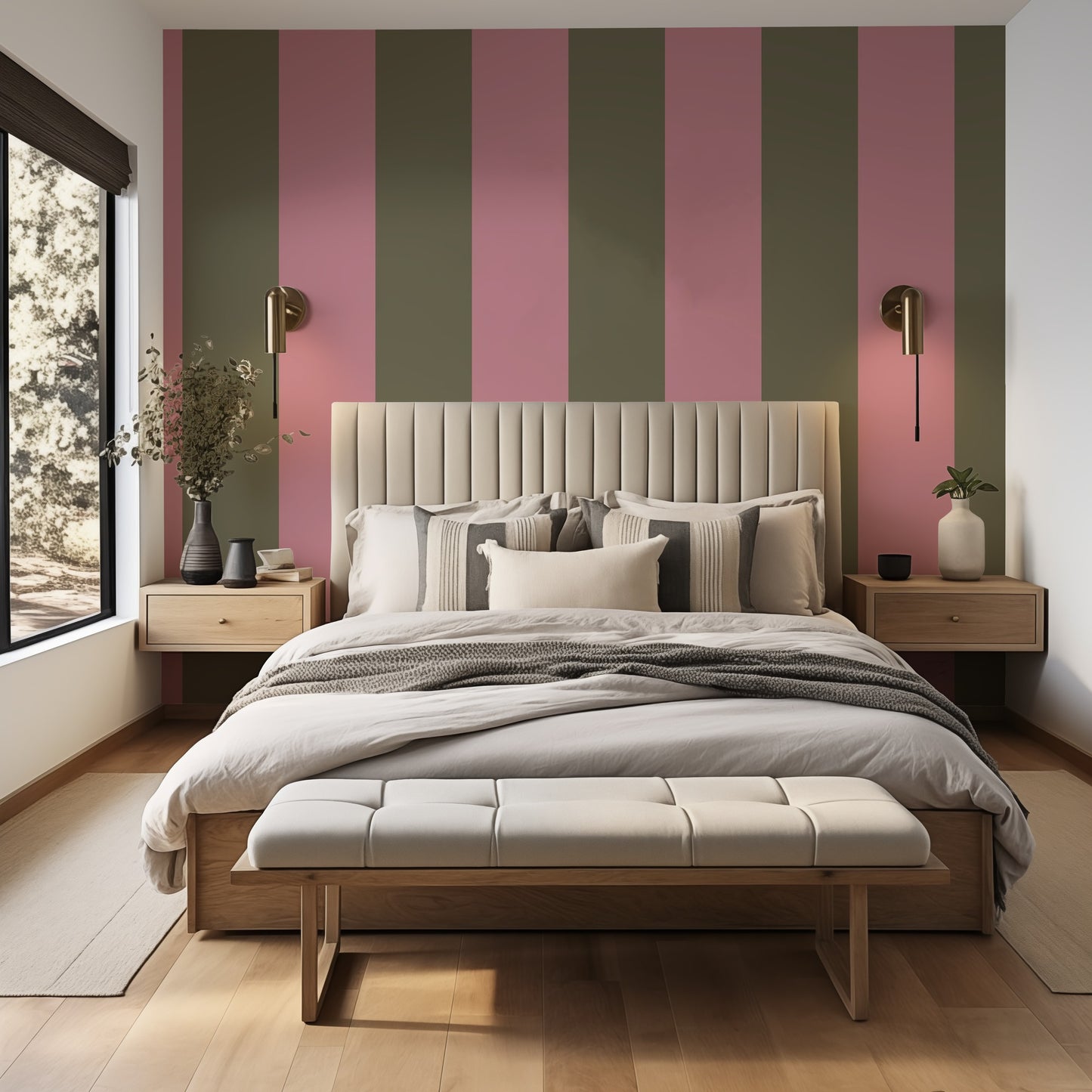 Extra-Wide Stripe Wallpaper – Dusty Rose & Khaki styled in a calm, elegant bedroom