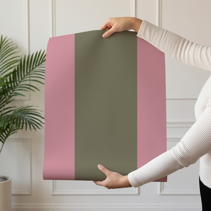 Extra-Wide Stripe Wallpaper roll in Dusty Rose & Khaki – dusty pink stripe on a warm khaki ground